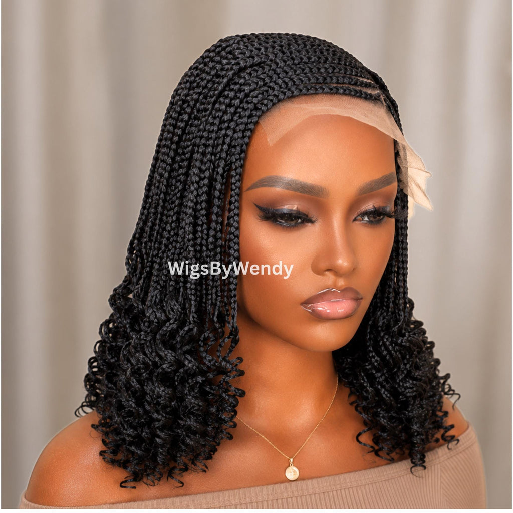 Curly Lace Frontal Conrow Wig, Shot bob lightweight african weave wig