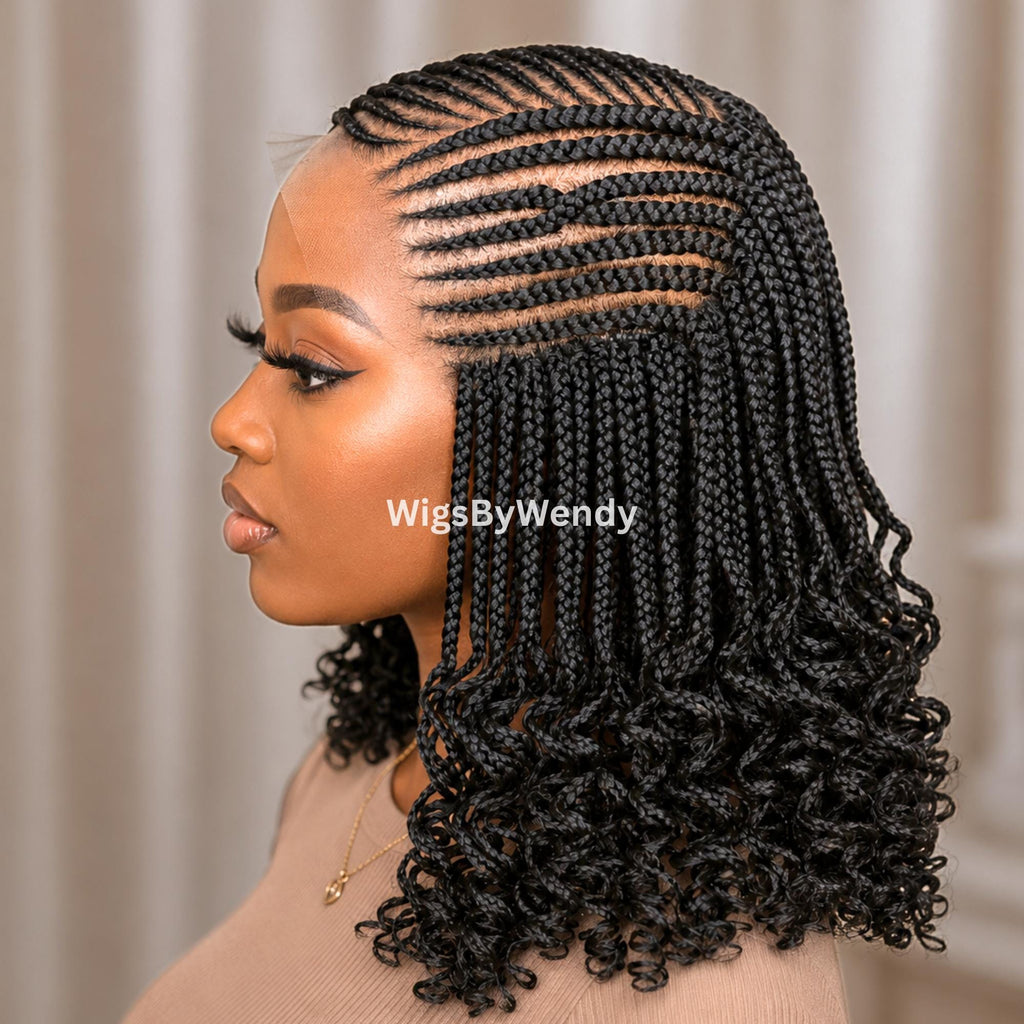Curly Lace Frontal Conrow Wig, Shot bob lightweight african weave wig