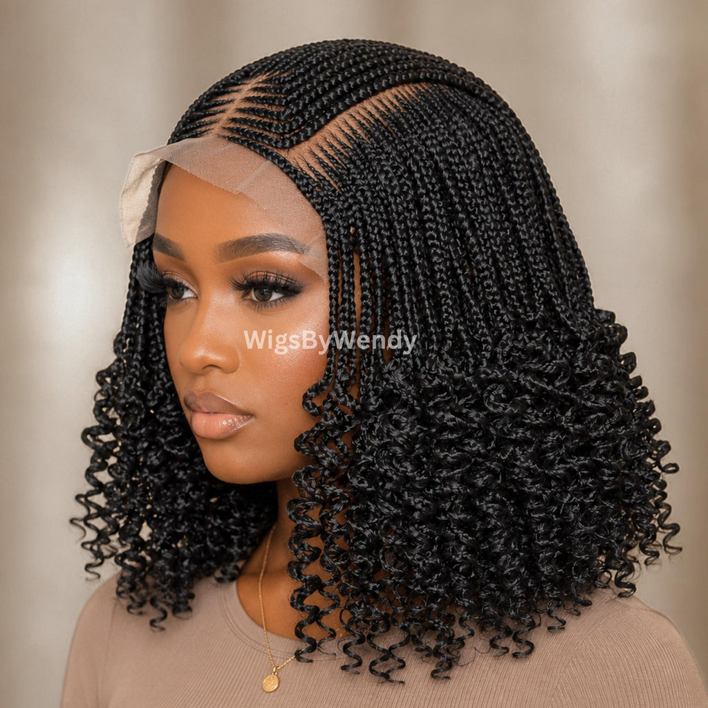 Curly Lace Frontal Conrow Wig, Shot bob lightweight african weave wig