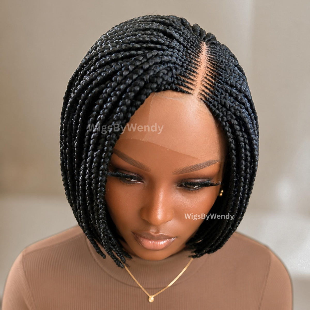 Black Short Bob Braids Wig, Human Hair Lace Closure Lightweight Wig