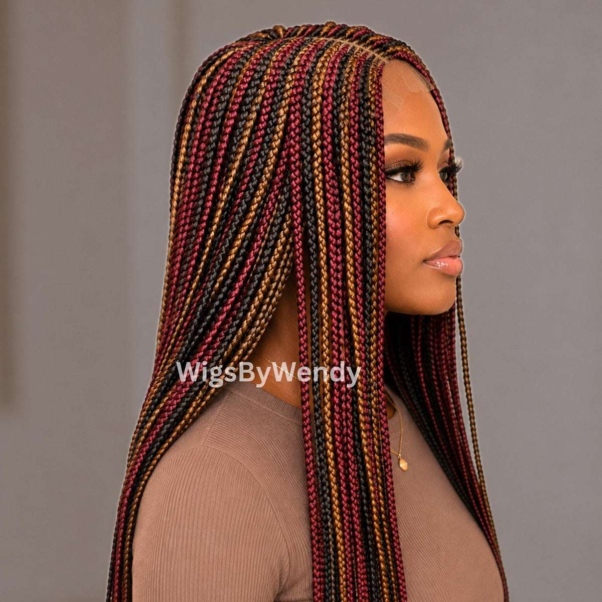 Middle Part Long Fulani Conrow Braids Wig, Red Gold Black Brown Rainbow Wig