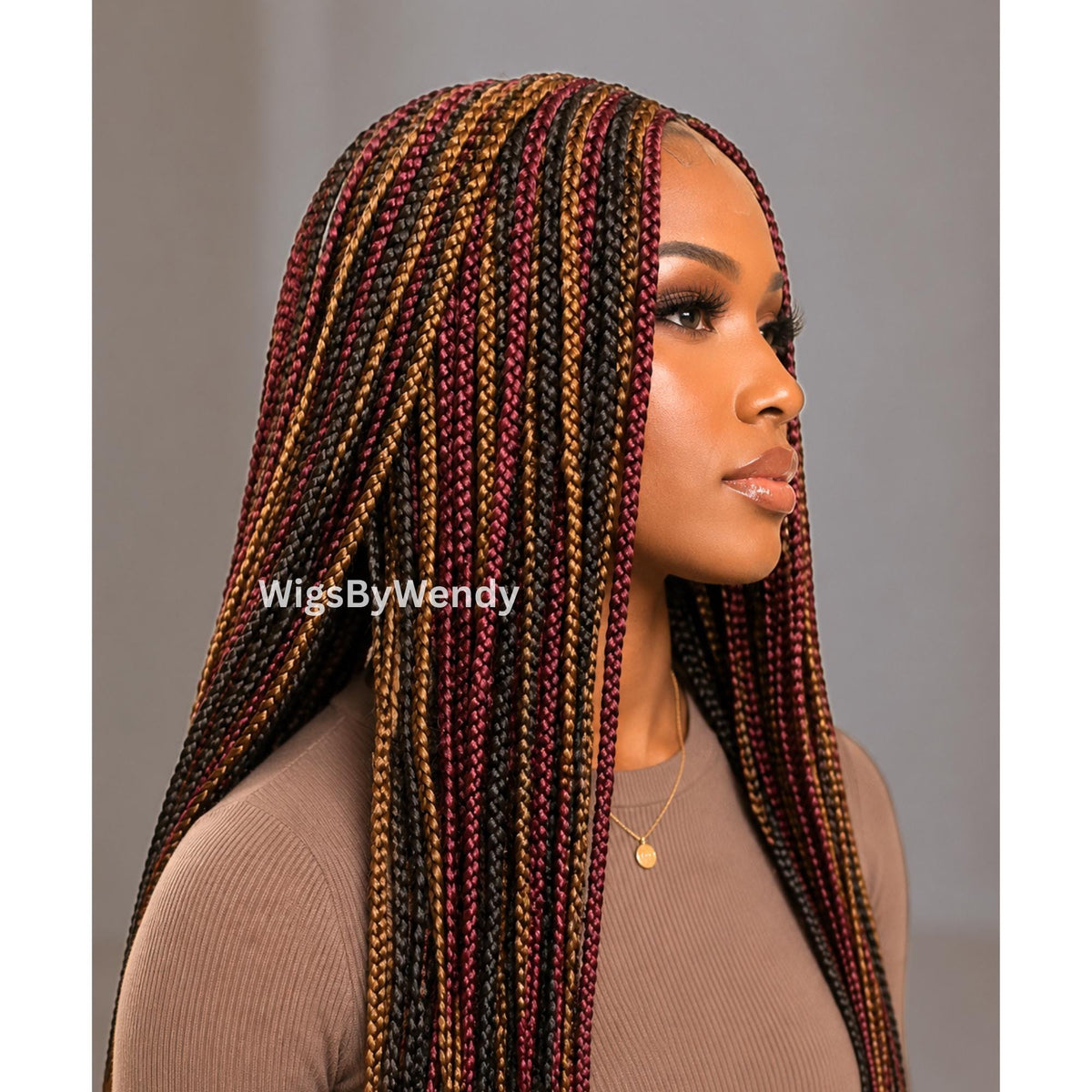 Middle Part Long Fulani Conrow Braids Wig, Red Gold Black Brown Rainbow Wig
