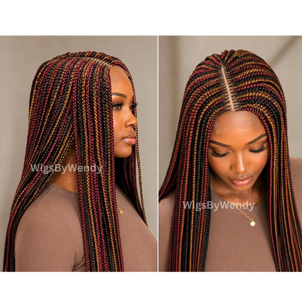 Middle Part Long Fulani Conrow Braids Wig, Red Gold Black Brown Rainbow Wig