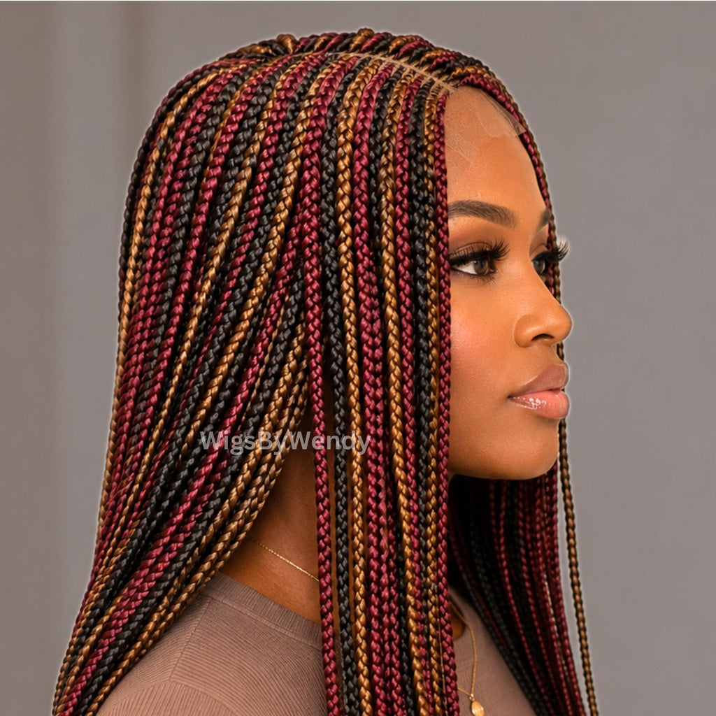Middle Part Long Fulani Conrow Braids Wig, Red Gold Black Brown Rainbow Wig