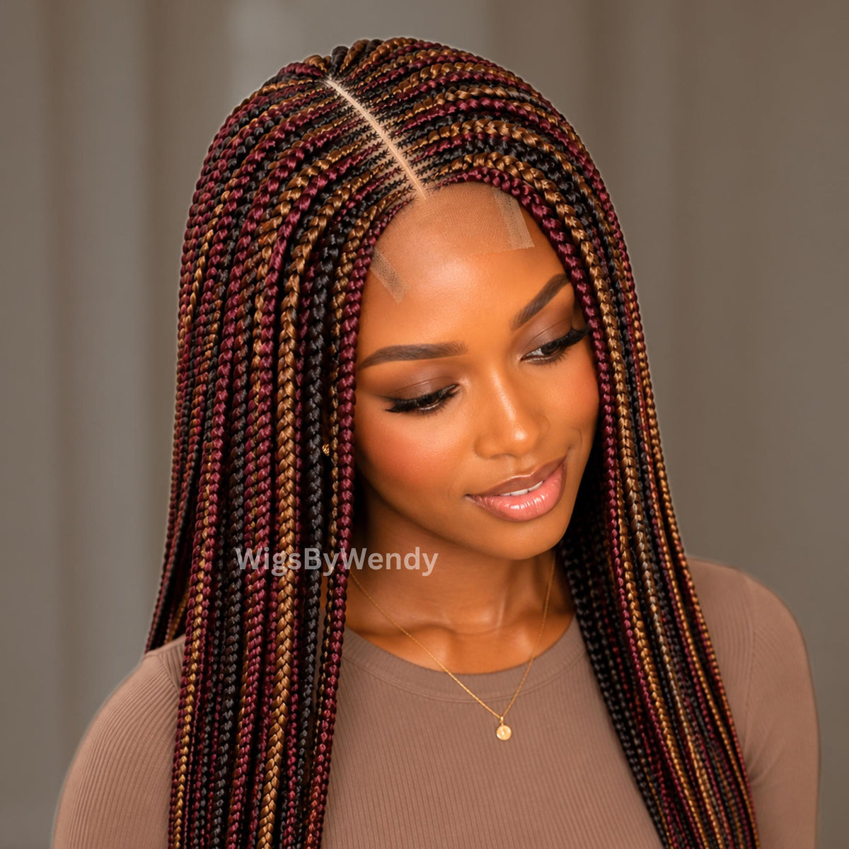 Middle Part Long Fulani Conrow Braids Wig, Red Gold Black Brown Rainbow Wig