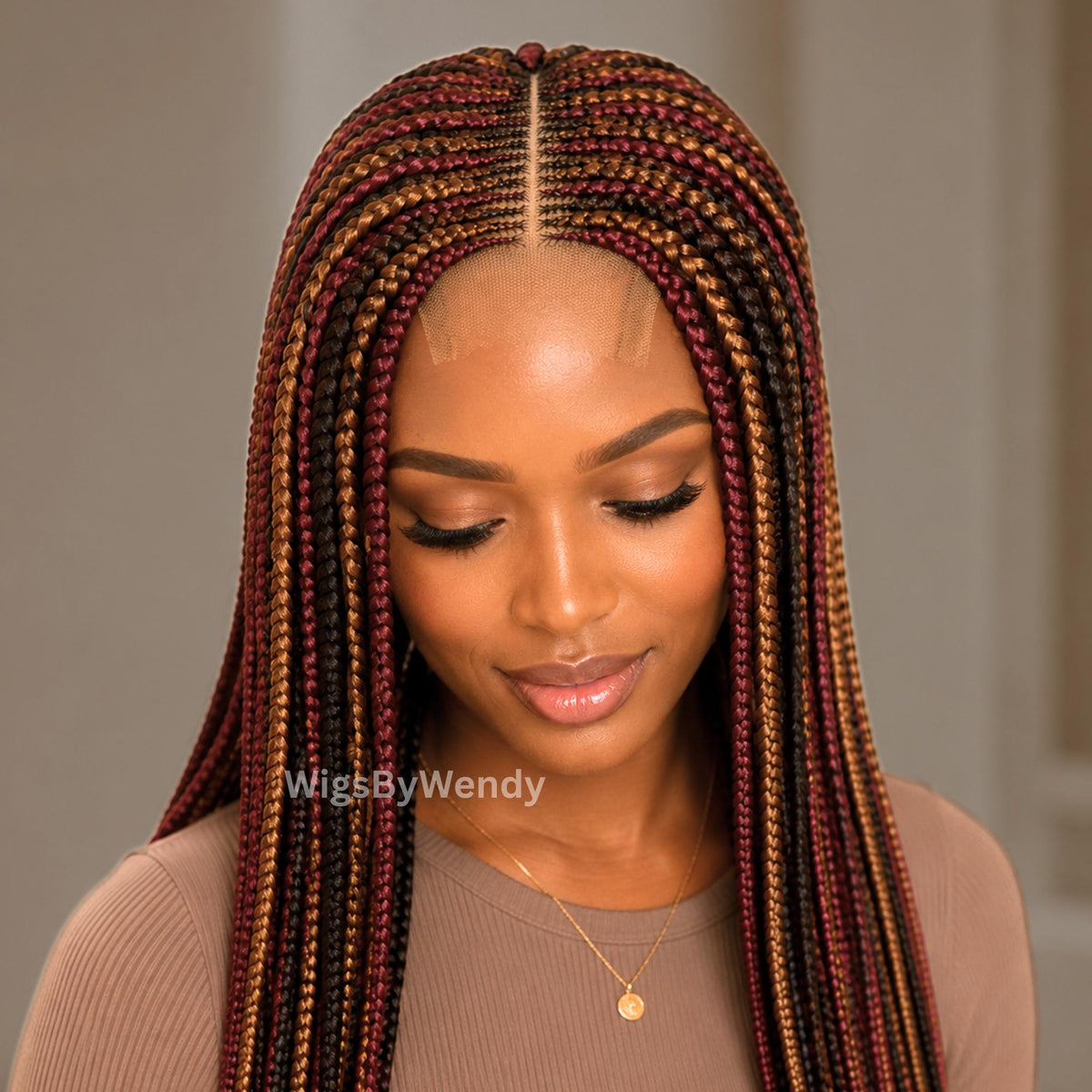 Middle Part Long Fulani Conrow Braids Wig, Red Gold Black Brown Rainbow Wig