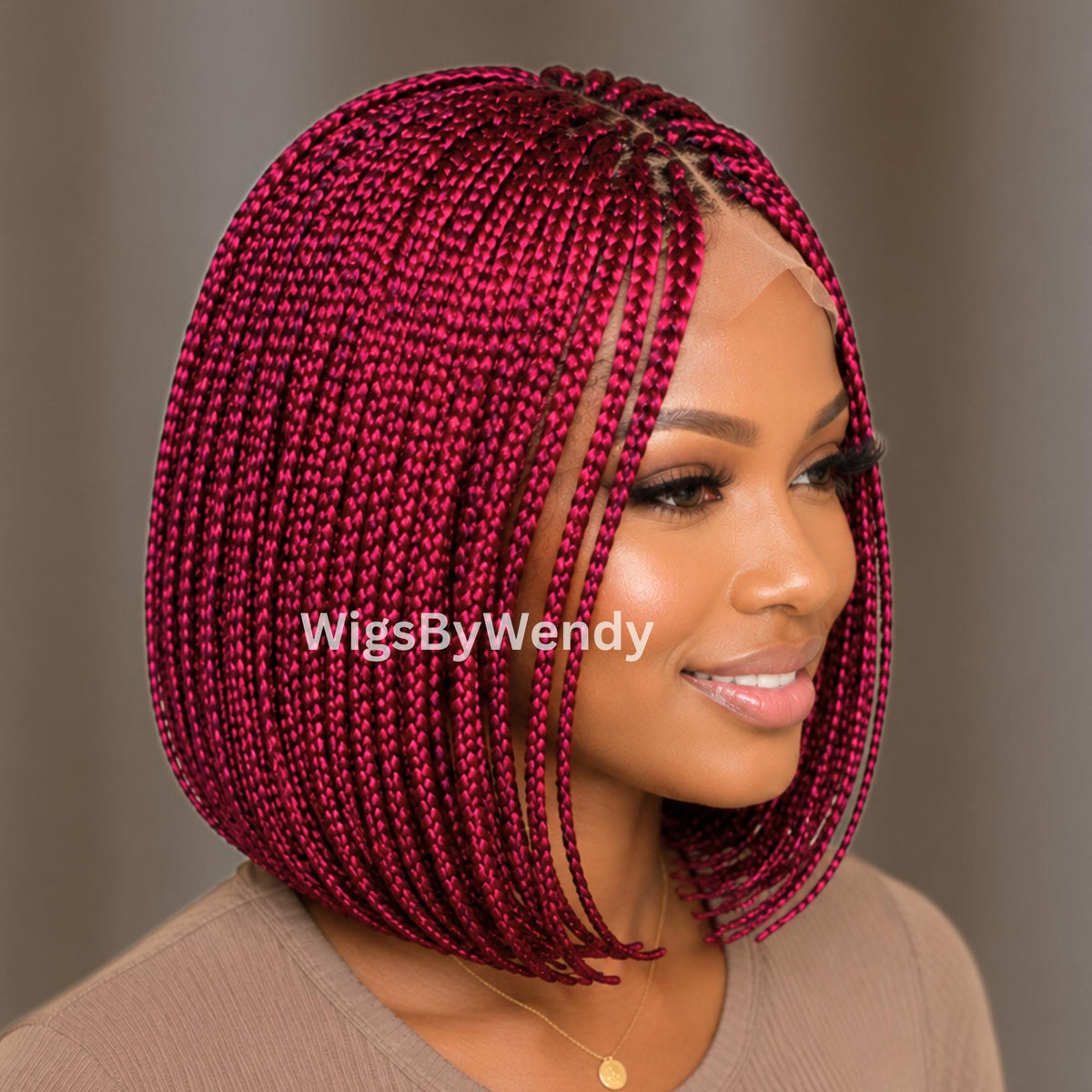 Short Bob Braids Wig, Red Burgundy Human Hair Lace Closure Lightweight Wig