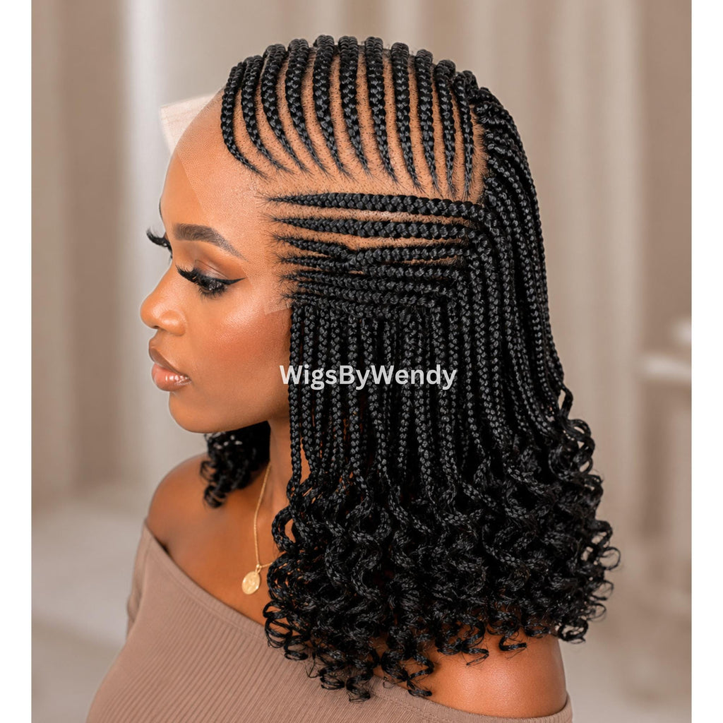 Curly Lace Frontal Conrow Wig, Shot bob lightweight african weave wig