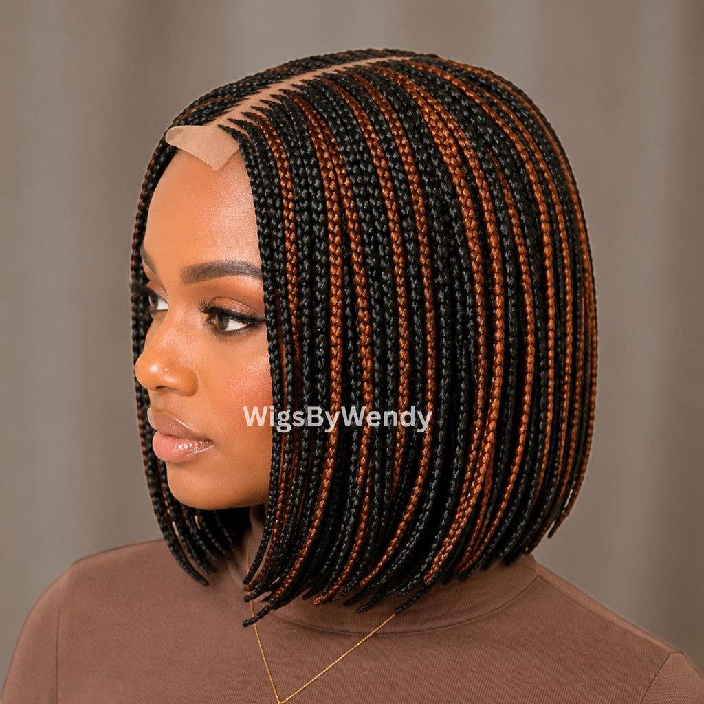 Short Bob Braids Wig, Human Hair Lace Closure Lightweight Wig