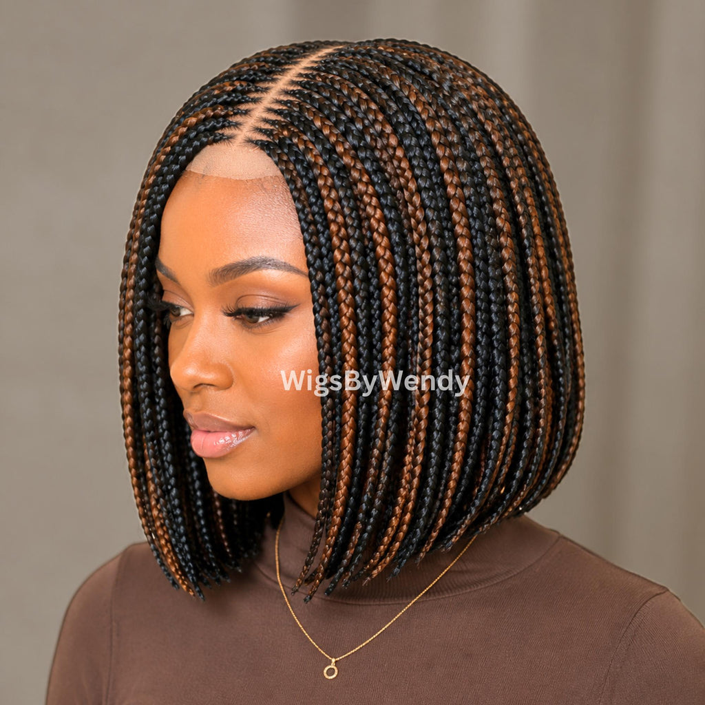 Short Bob Braids Wig, Human Hair Lace Closure Lightweight Wig