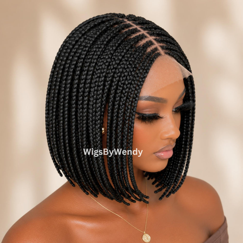 Short Bob Braids Wig, Human Hair Lace Closure Lightweight Wig