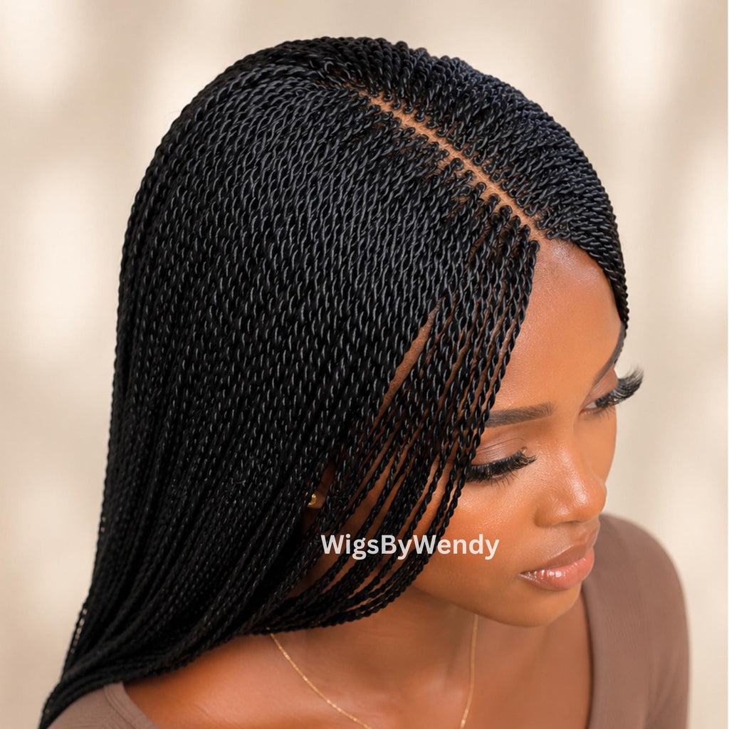 Black Micro Twist Braided Wig, Long Centre-part Light-weight Single Braids Wig