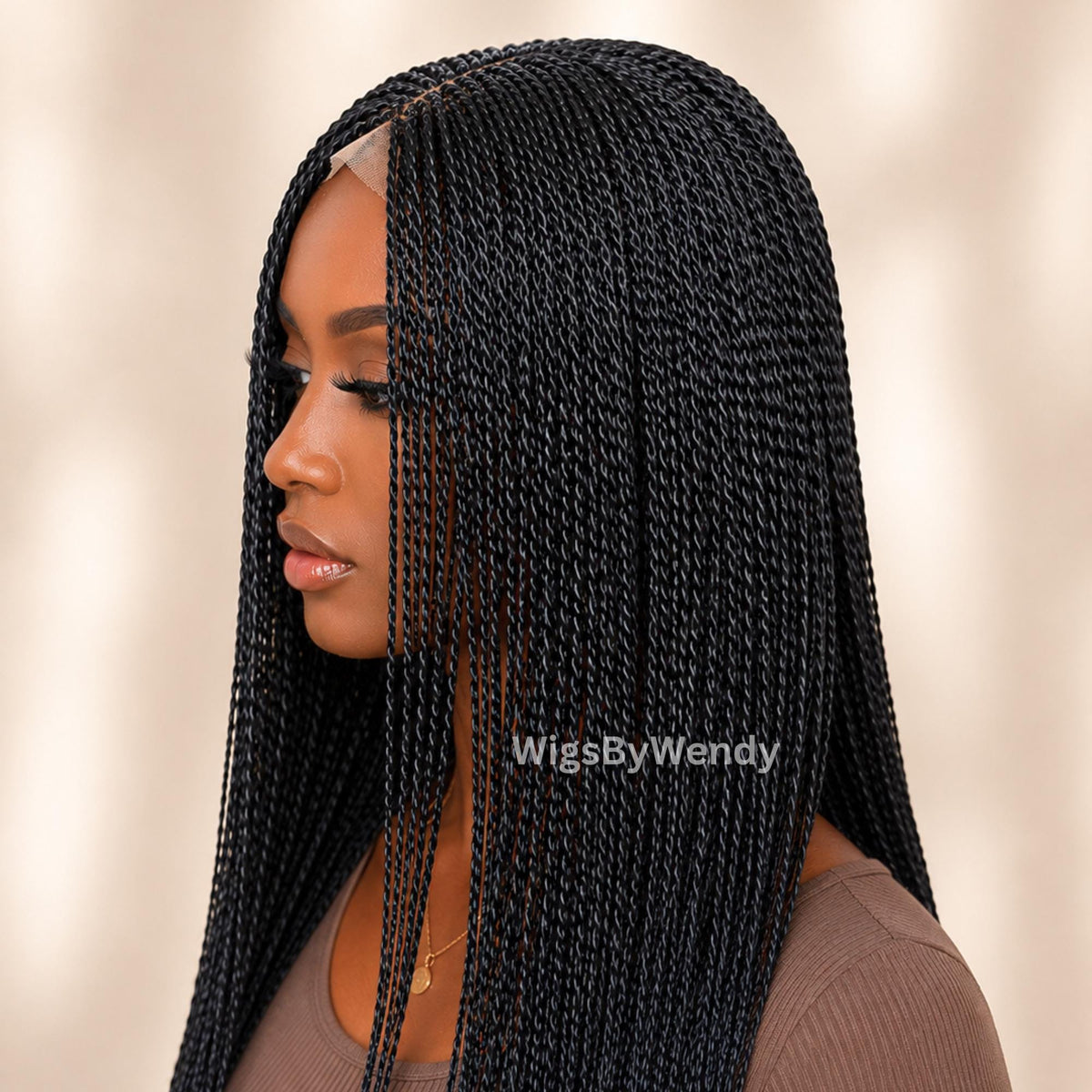 Black Micro Twist Braided Wig, Long Centre-part Light-weight Single Braids Wig