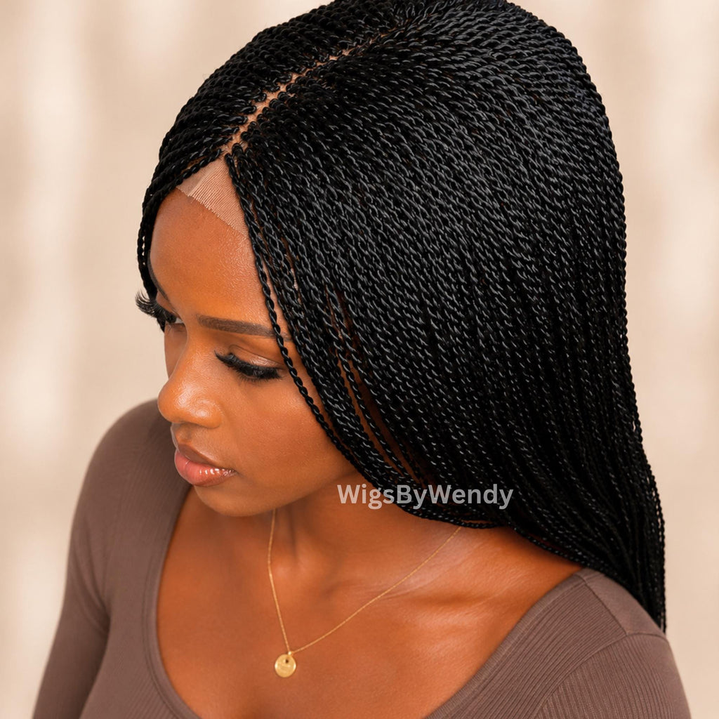 Black Micro Twist Braided Wig, Long Centre-part Light-weight Single Braids Wig