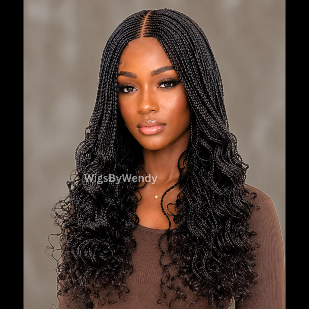 Curly Lace Closure Middle Part Cornrow Braids Wig, Lightweight African Weave Wig