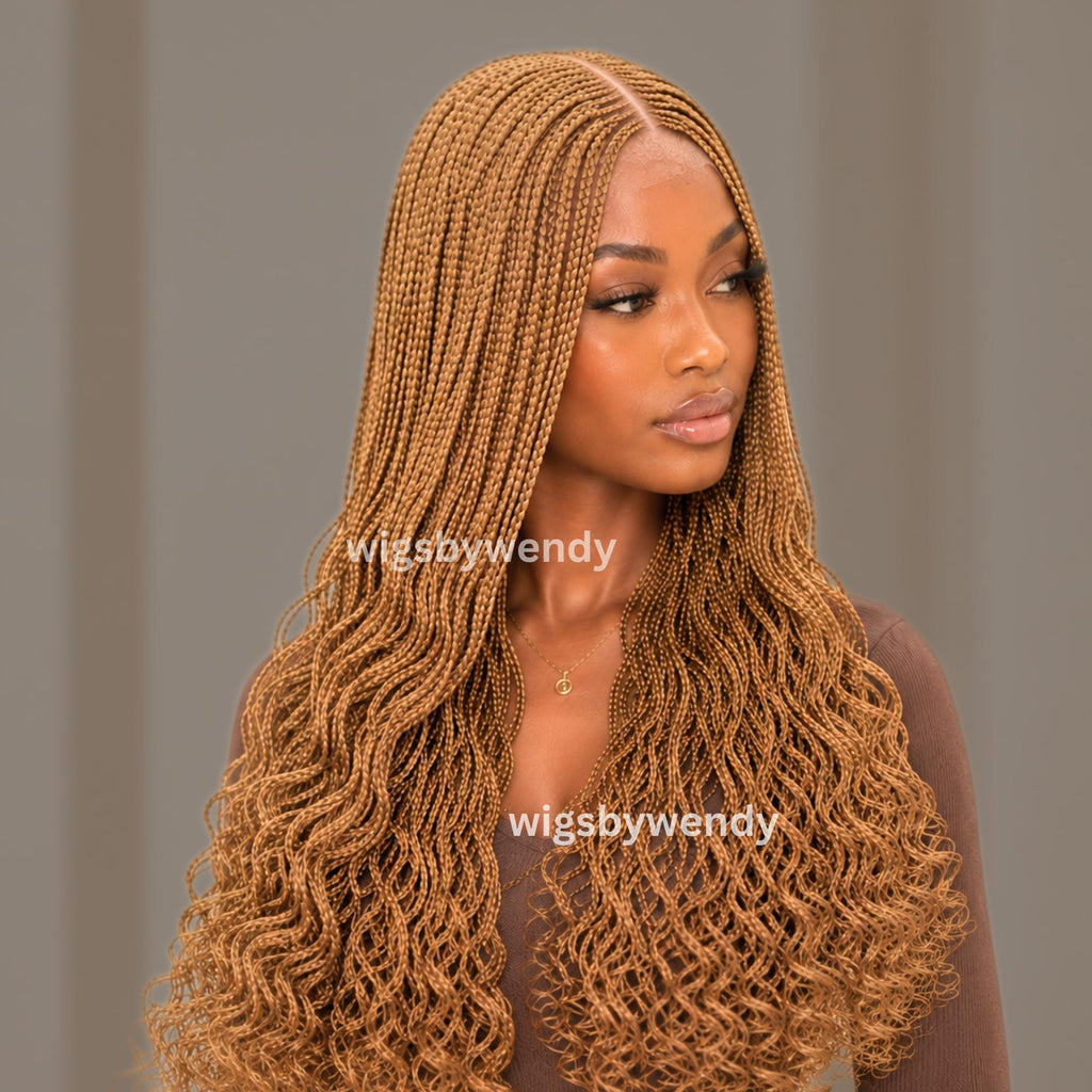 Gold Curly Lace Closure Middle Part Cornrow Braids Wig, Lightweight African Weave Wig