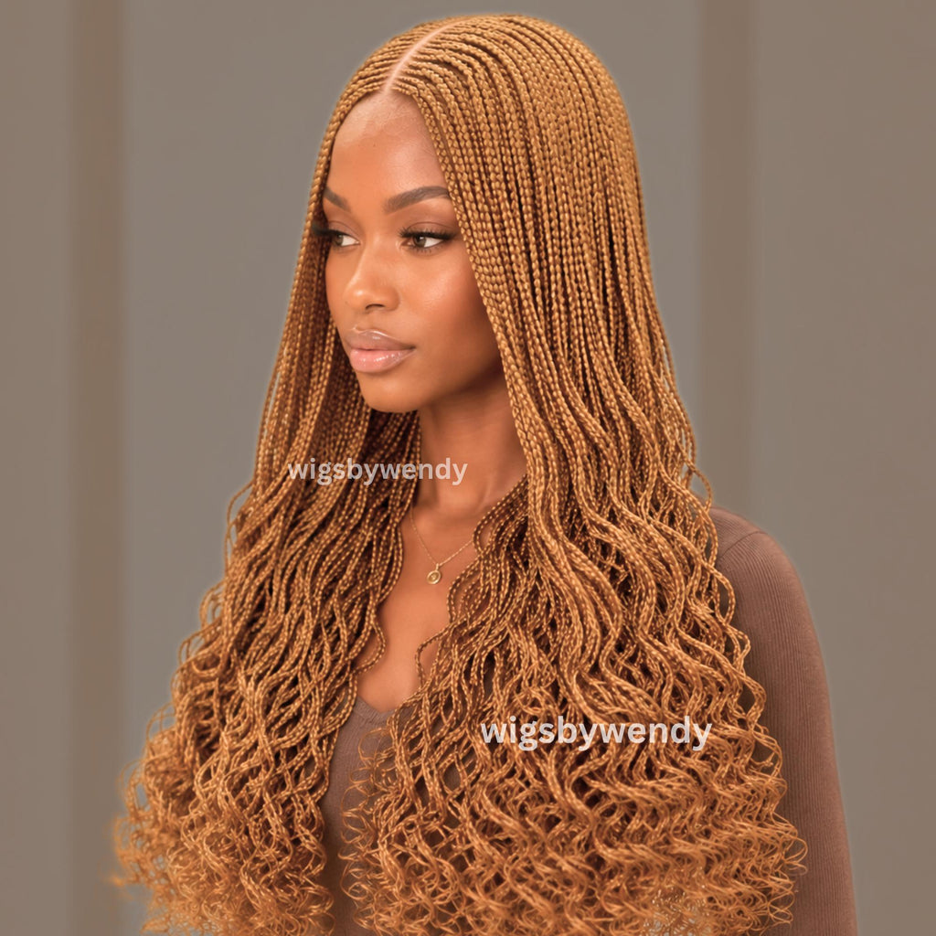 Gold Curly Lace Closure Middle Part Cornrow Braids Wig, Lightweight African Weave Wig