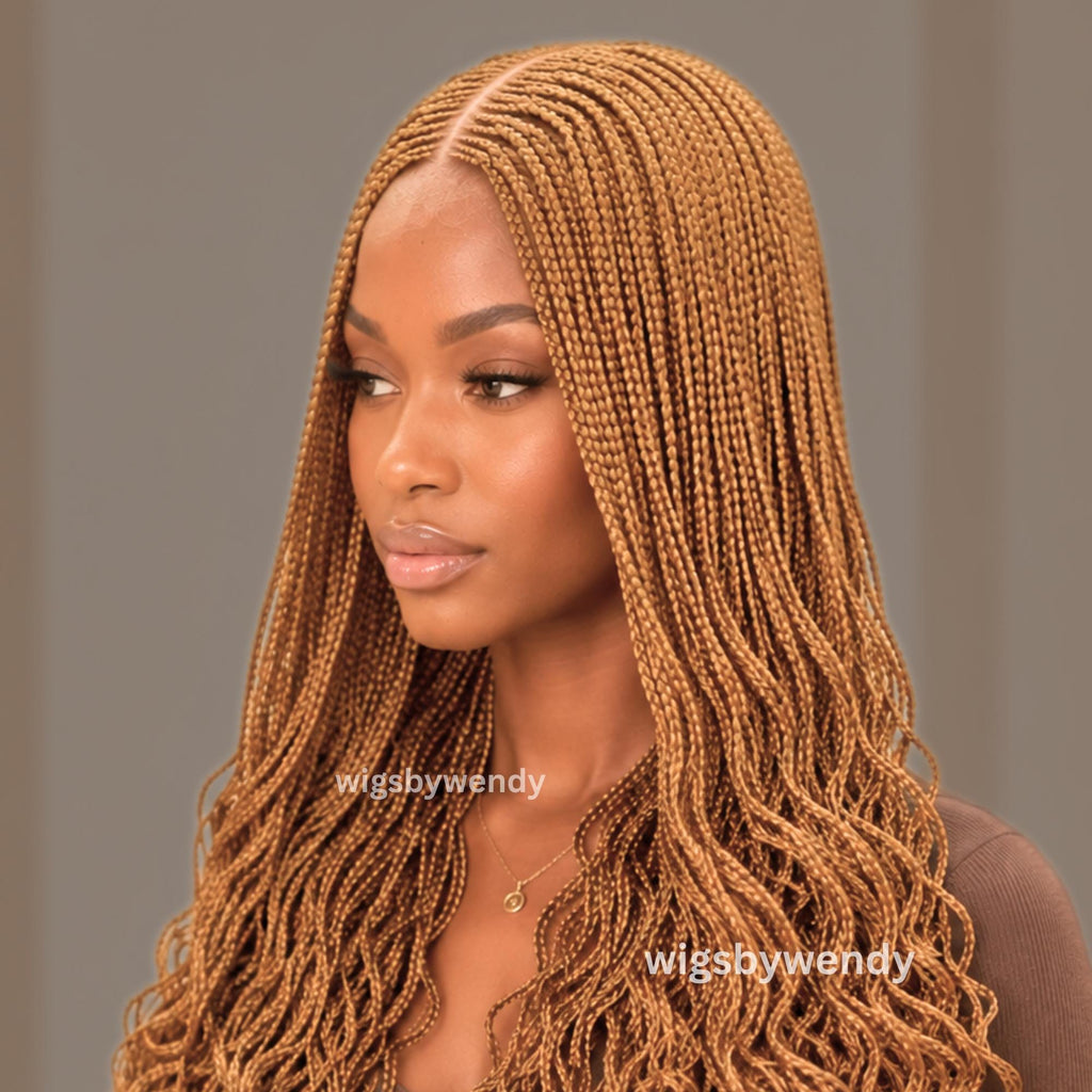 Gold Curly Lace Closure Middle Part Cornrow Braids Wig, Lightweight African Weave Wig
