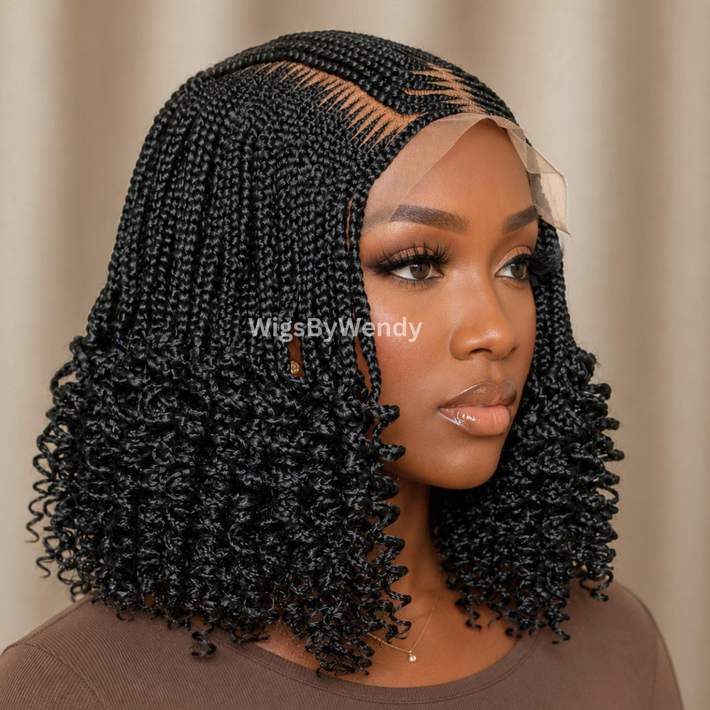 Curly Lace Frontal Conrow Wig, Shot bob lightweight african weave wig