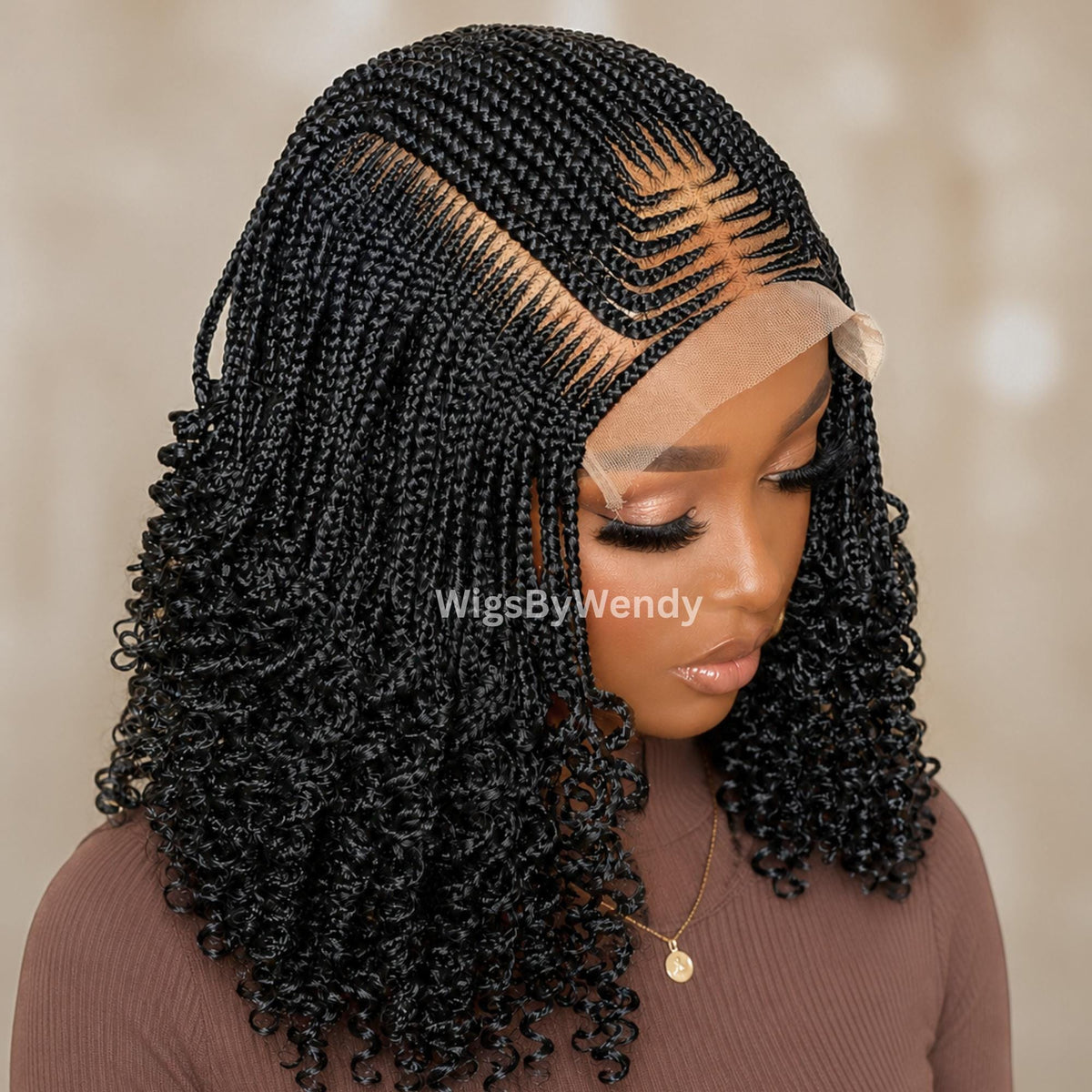 Curly Lace Frontal Conrow Wig, Shot bob lightweight african weave wig