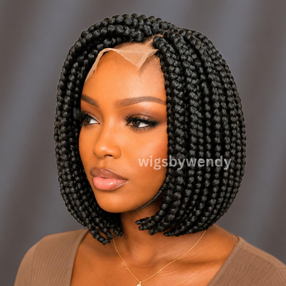 Short Bob Braids Wig, Single Big Box Lace Closure Lightweight Wig, Chunky Side Part Braids