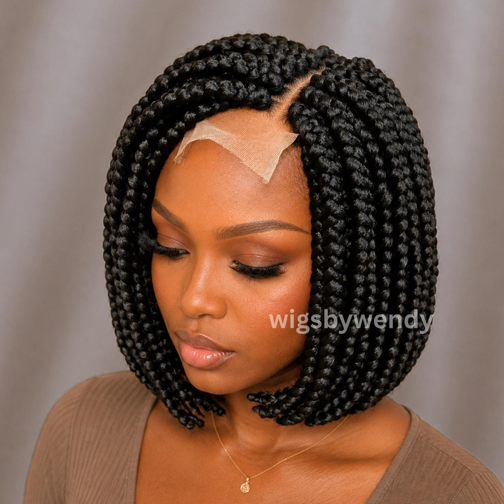 Short Bob Braids Wig, Single Big Box Lace Closure Lightweight Wig, Chunky Side Part Braids