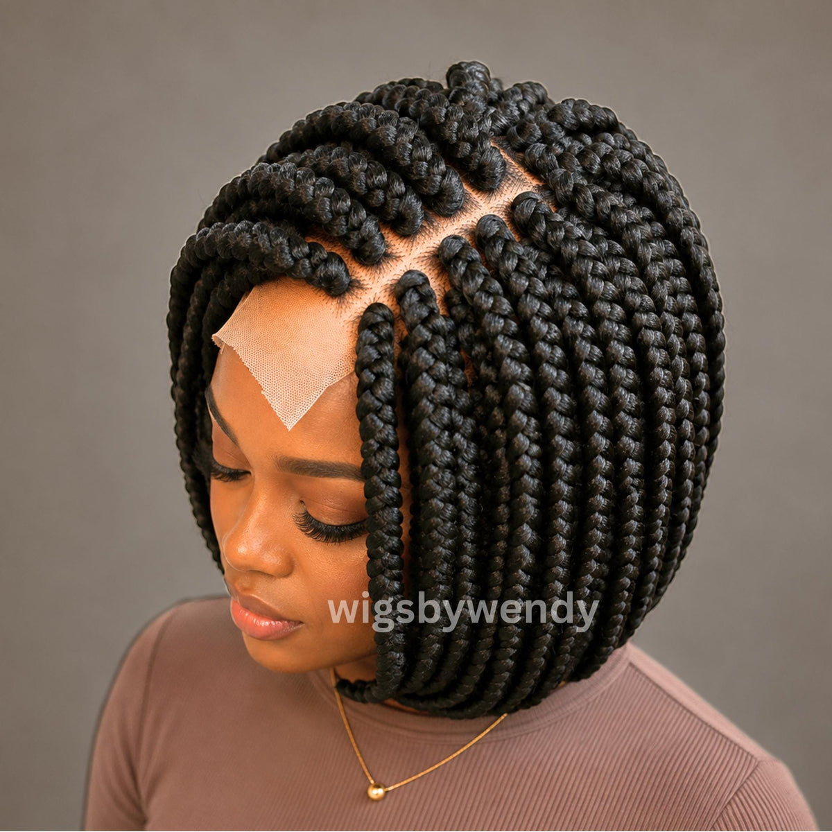 Short Bob Braids Wig, Single Big Box Lace Closure Lightweight Wig, Chunky Side Part Braids