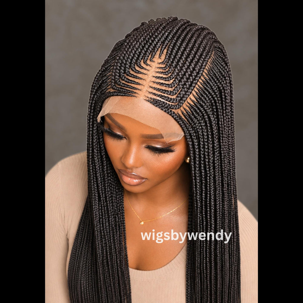 Lace Frontal Fulani Conrow Wig, Long Lightweight African Weave Braids Wig