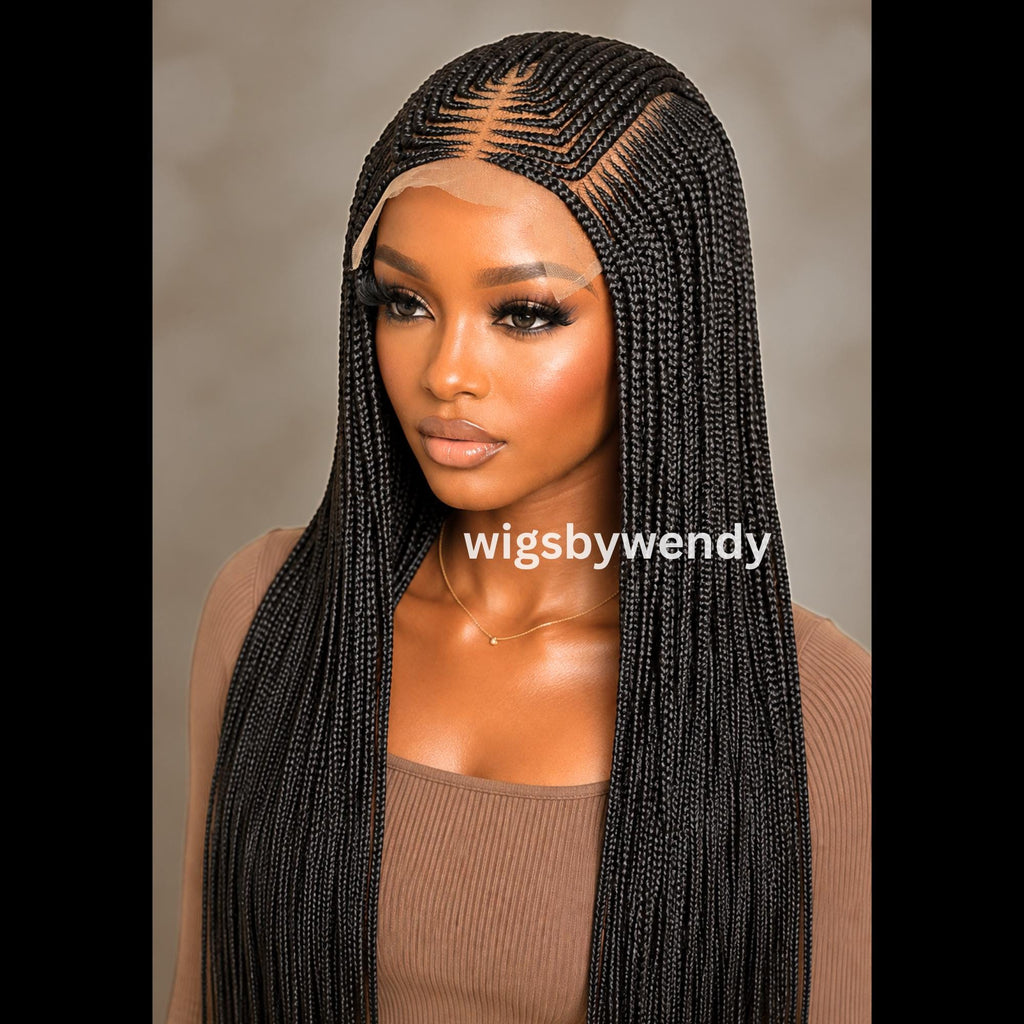 Lace Frontal Fulani Conrow Wig, Long Lightweight African Weave Braids Wig