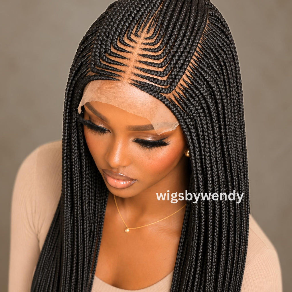 Lace Frontal Fulani Conrow Wig, Long Lightweight African Weave Braids Wig