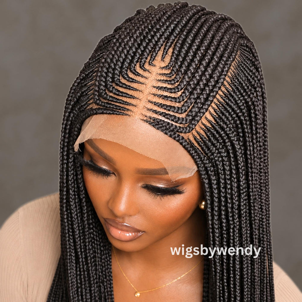 Lace Frontal Fulani Conrow Wig, Long Lightweight African Weave Braids Wig