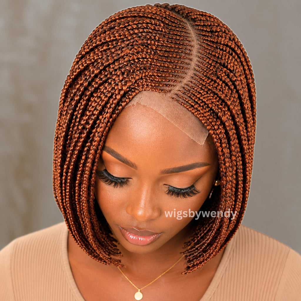 Short Bob Braids Wig, Human Hair Lace Closure Lightweight Wig, Ginger Bronze Wig