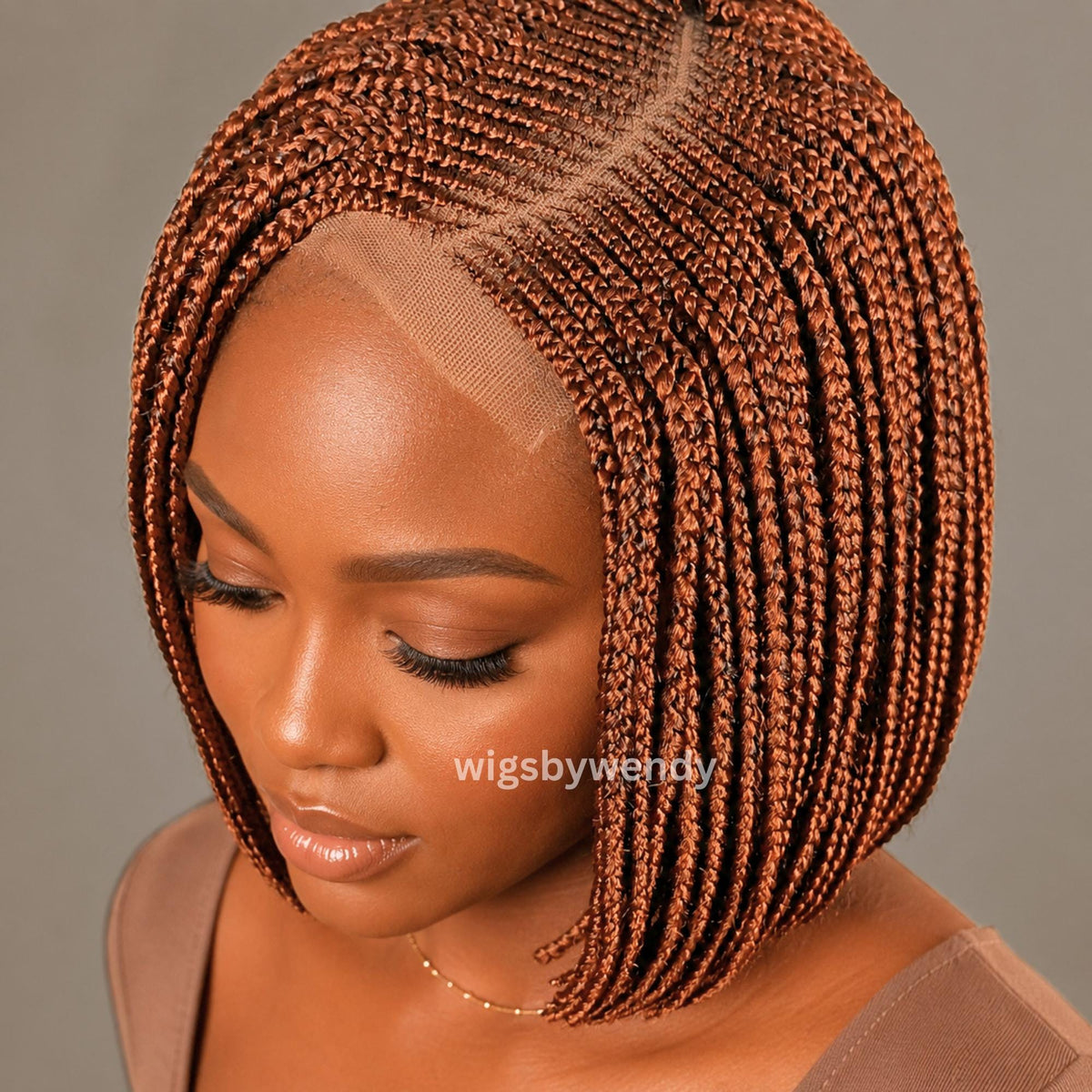 Short Bob Braids Wig, Human Hair Lace Closure Lightweight Wig, Ginger Bronze Wig