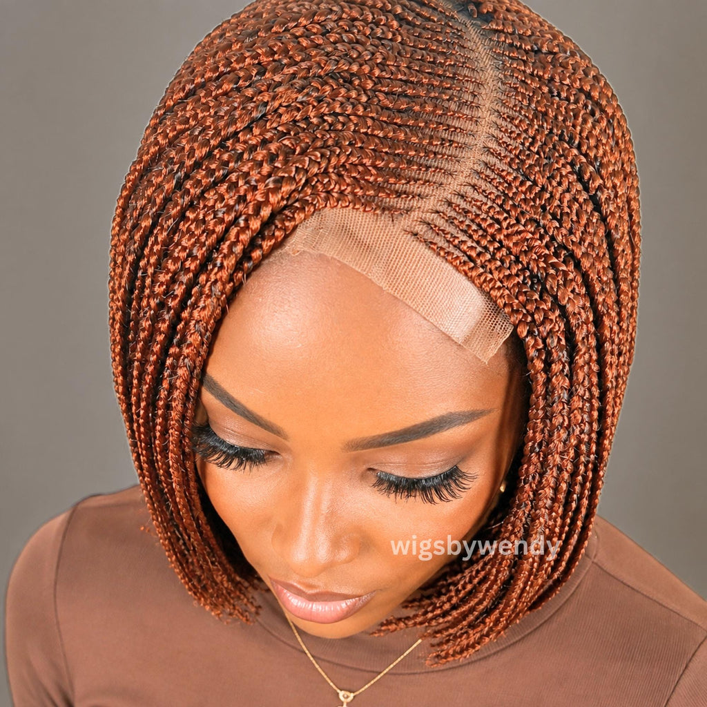 Short Bob Braids Wig, Human Hair Lace Closure Lightweight Wig, Ginger Bronze Wig
