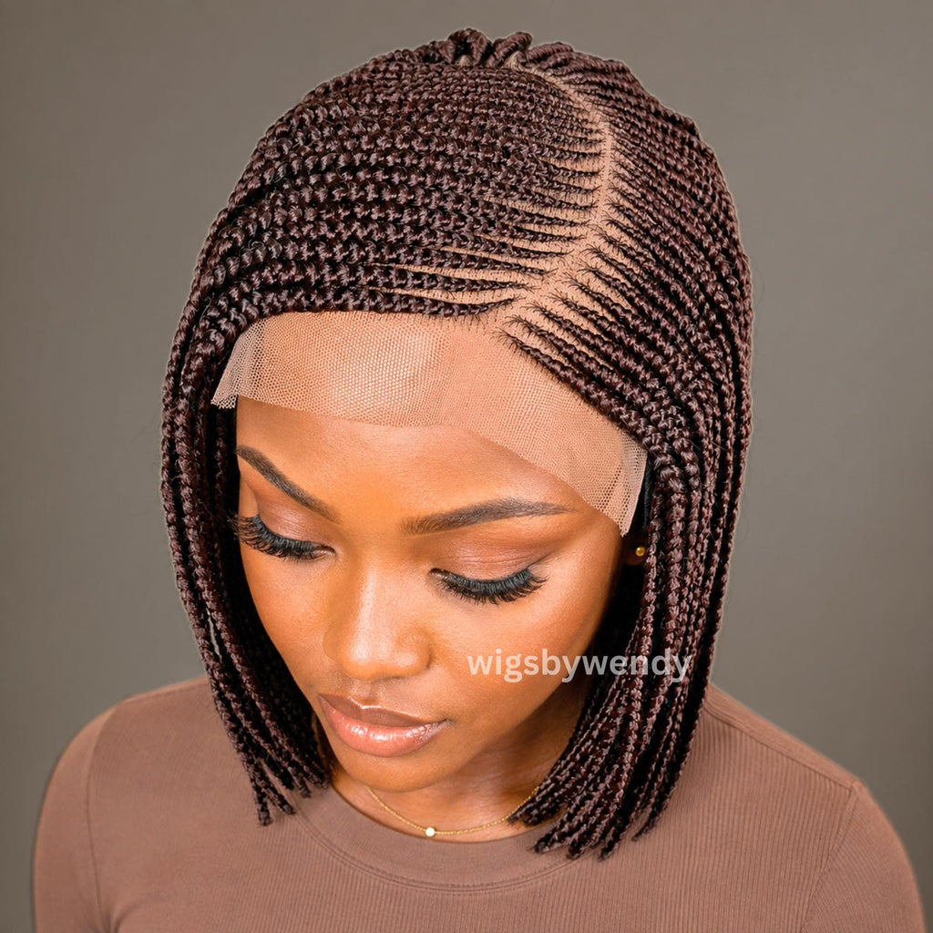 Brown Short Bob Braids Wig, Human Hair Lace Closure Lightweight Wig