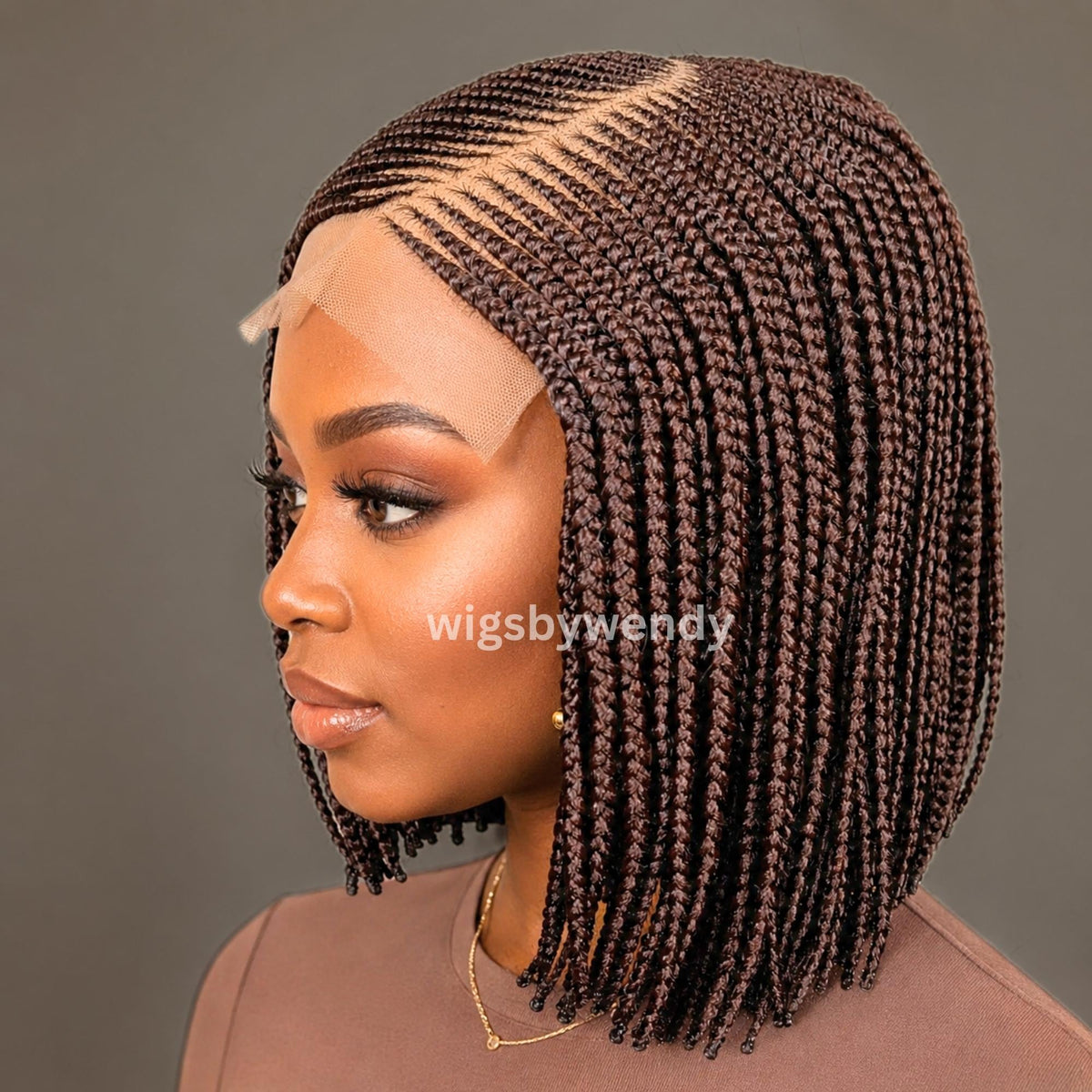 Brown Short Bob Braids Wig, Human Hair Lace Closure Lightweight Wig