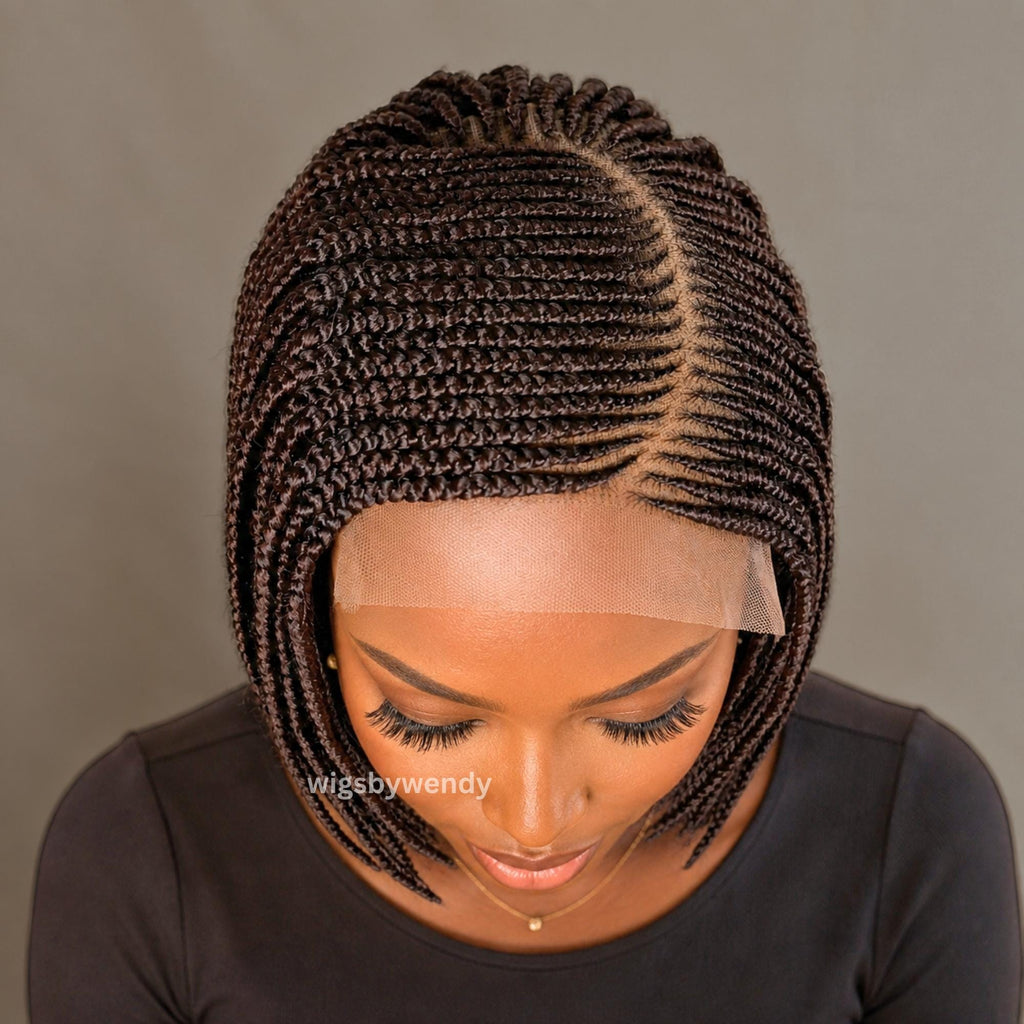 Brown Short Bob Braids Wig, Human Hair Lace Closure Lightweight Wig