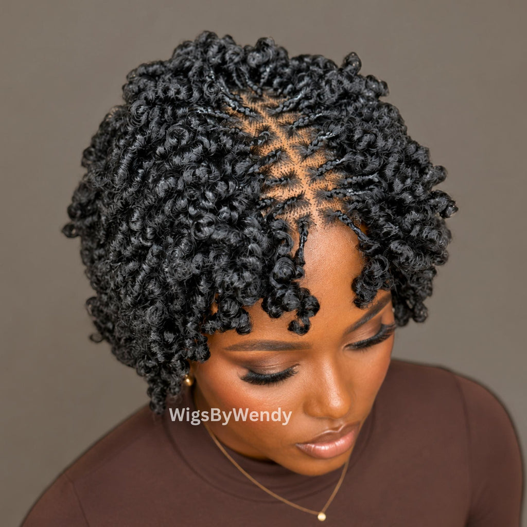 Short Bob Spring Twist Braids Wig, Passion Curls Lace Closure Lightweight Wig