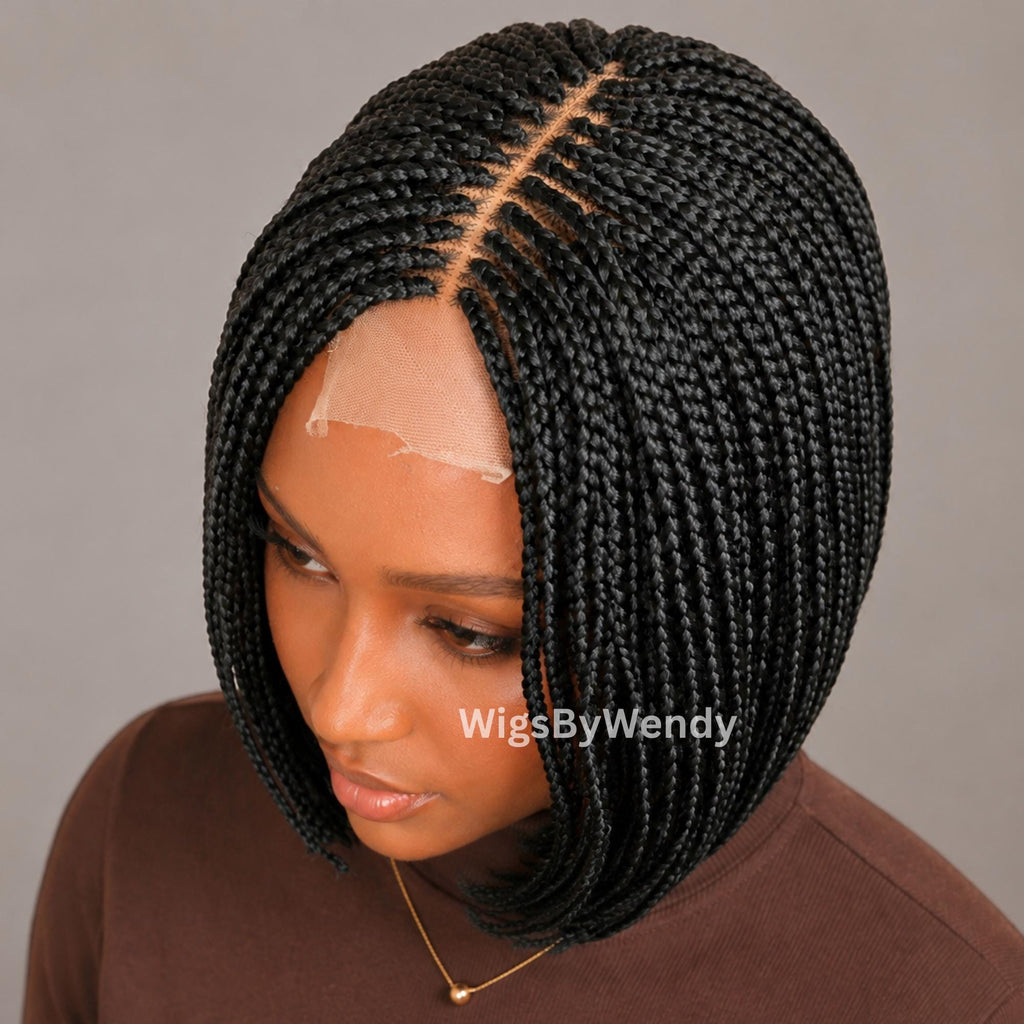 Short Bob Braids Wig, Human Hair Lace Closure Lightweight Wig