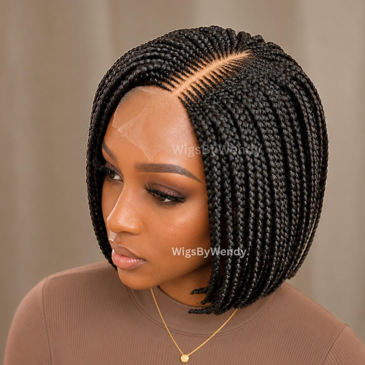 Black Short Bob Braids Wig, Human Hair Lace Closure Lightweight Wig
