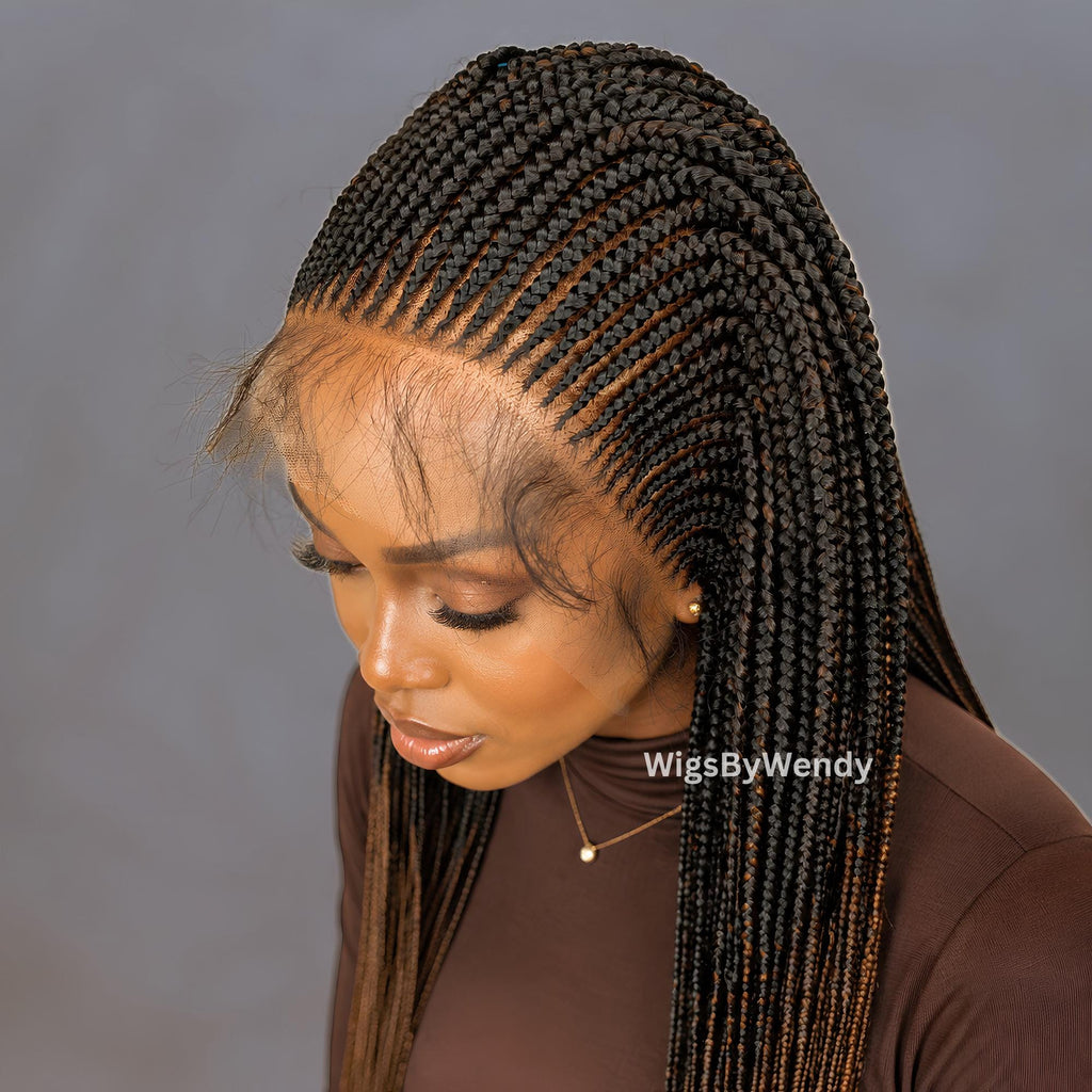 Lacce Frontal Conrow Wig, Long Single Box Braids Lightweight African Weave Wig With Baby Hair