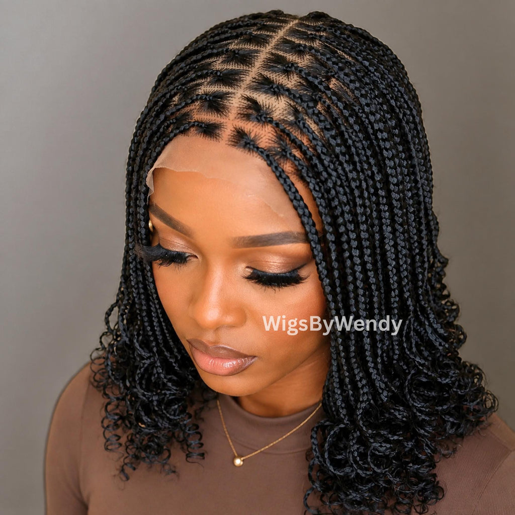 Curly Lace Frontal Box Braids Wig, Short Bob Lightweight African Weave Wig
