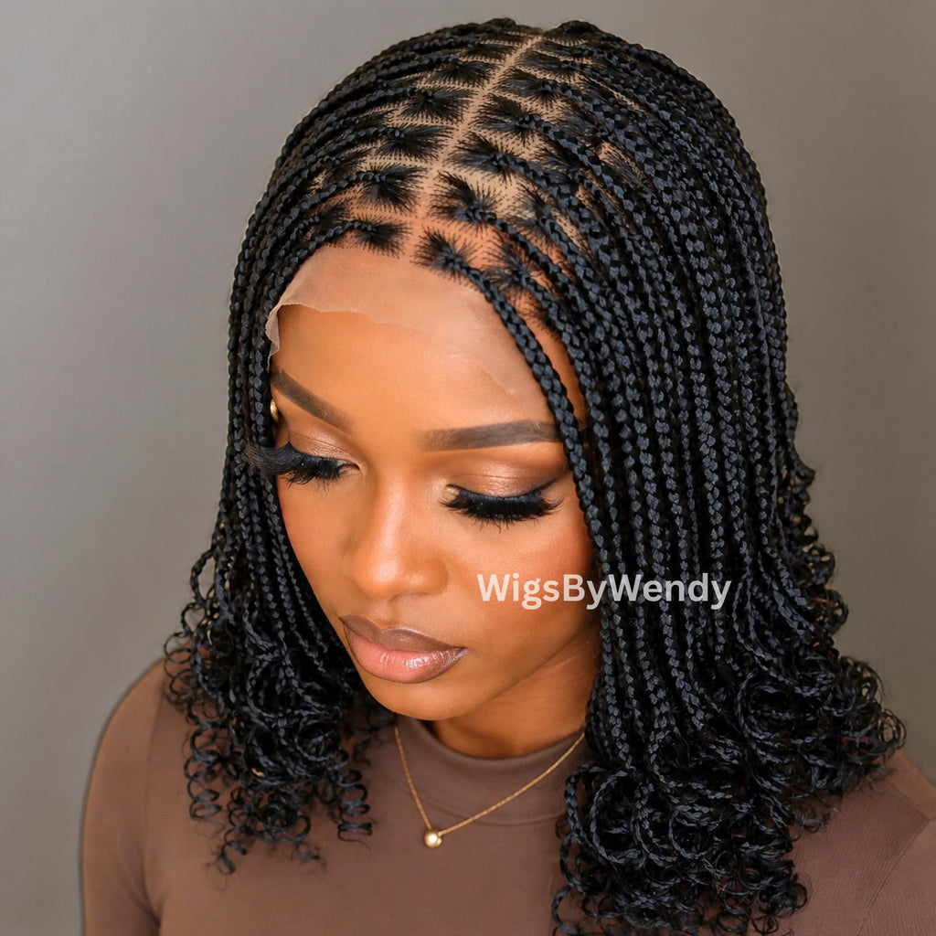 Curly Lace Frontal Box Braids Wig, Short Bob Lightweight African Weave Wig