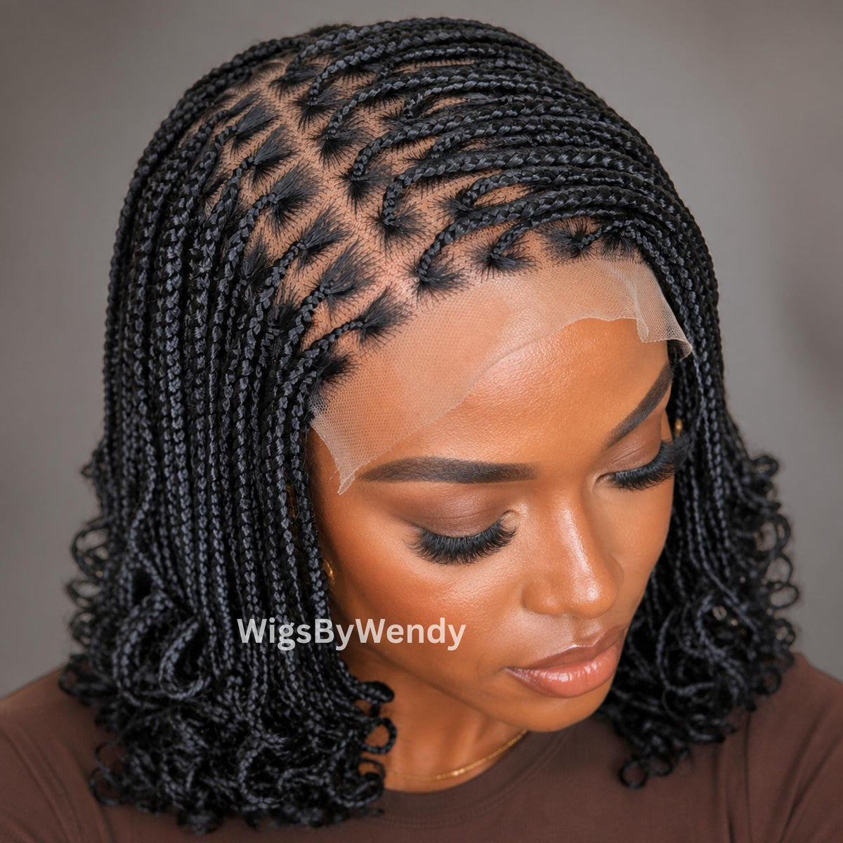 Curly Lace Frontal Box Braids Wig, Short Bob Lightweight African Weave Wig