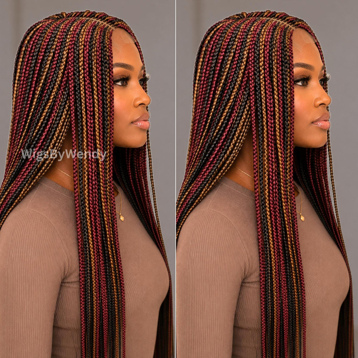 Middle Part Long Fulani Conrow Braids Wig, Red Gold Black Brown Rainbow Wig