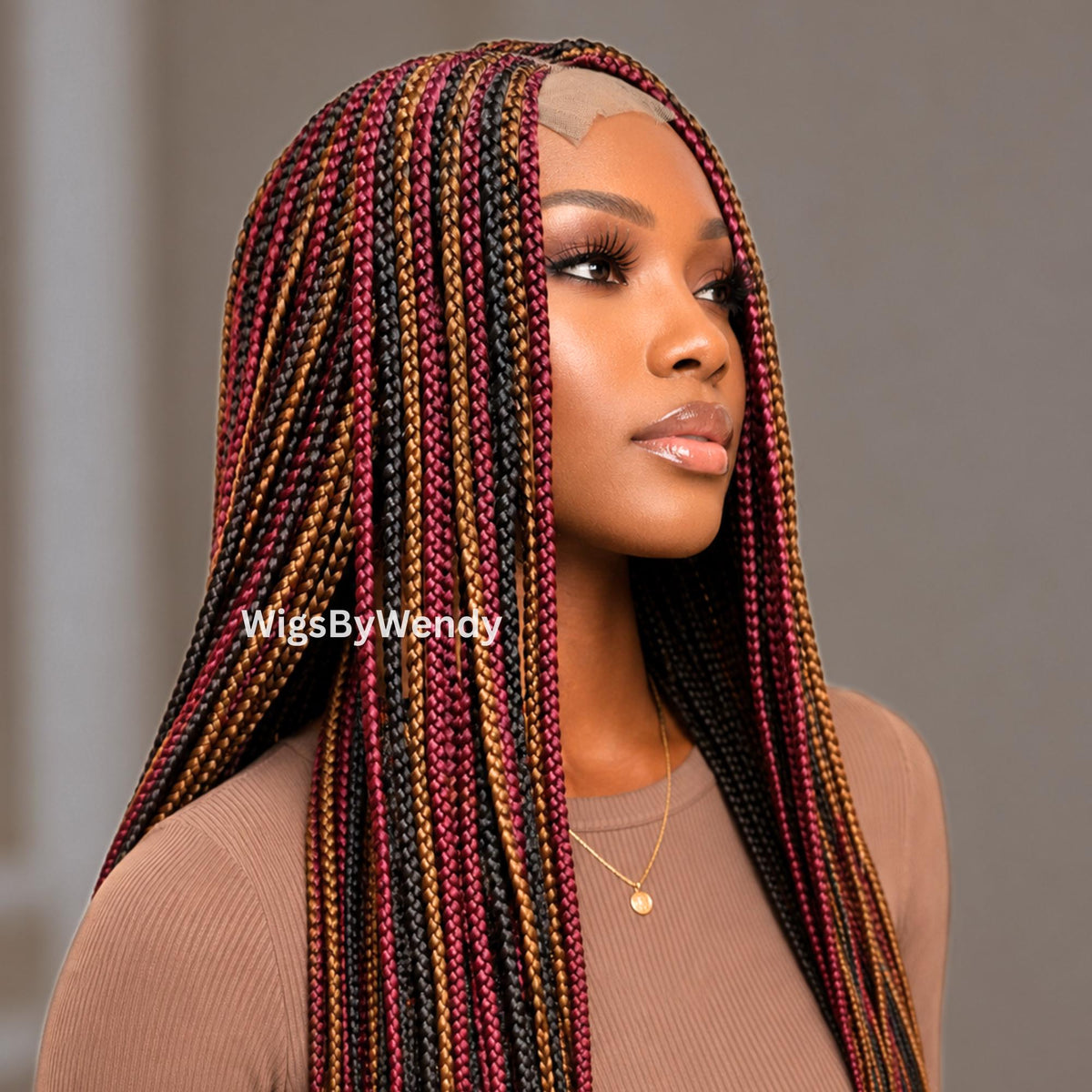 Middle Part Long Fulani Conrow Braids Wig, Red Gold Black Brown Rainbow Wig