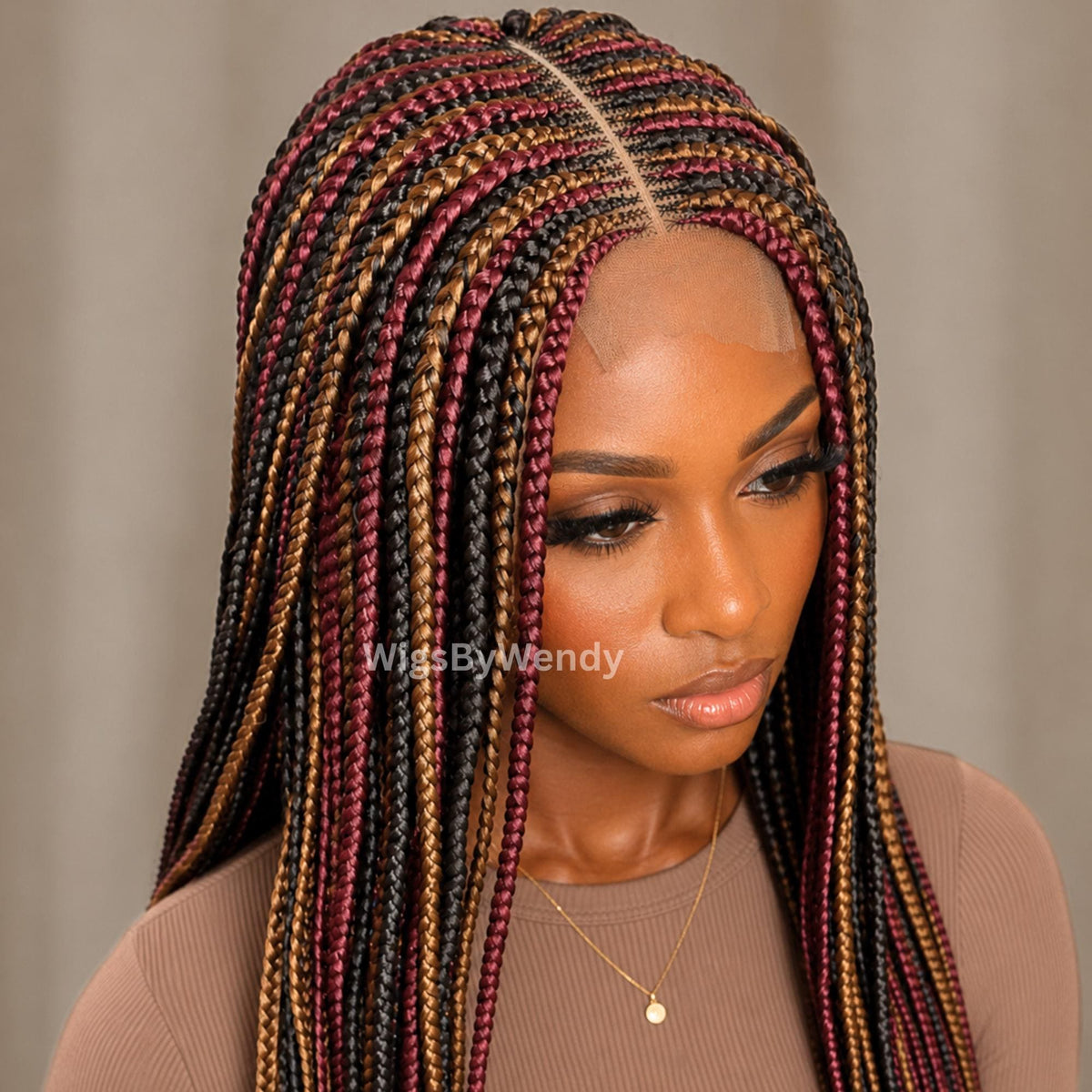 Middle Part Long Fulani Conrow Braids Wig, Red Gold Black Brown Rainbow Wig