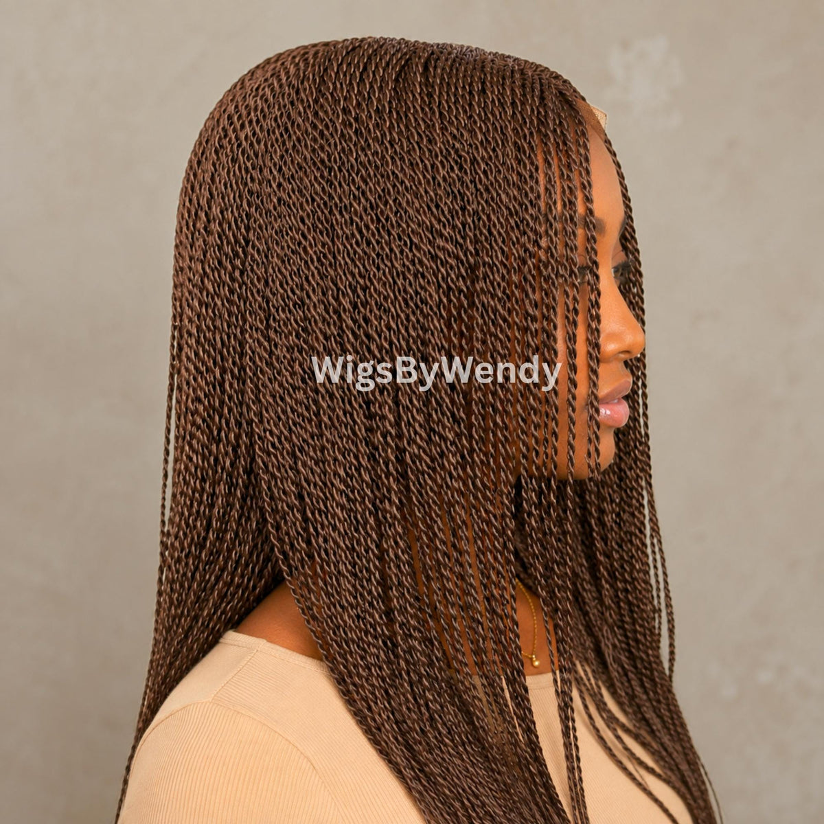 Brown 24inches Micro Twist Braided Wig, Long Centre-part Light-weight Single Braids Wig