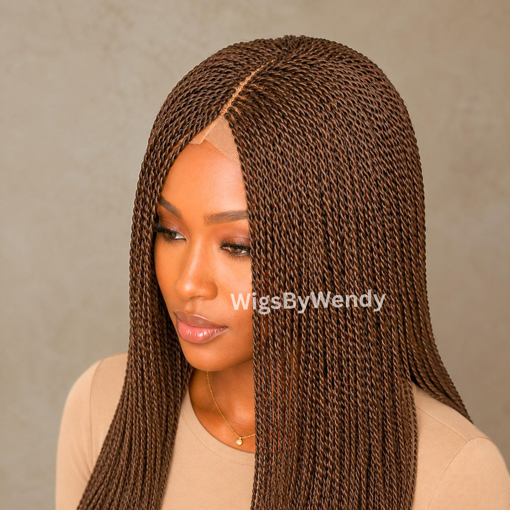 Brown 24inches Micro Twist Braided Wig, Long Centre-part Light-weight Single Braids Wig