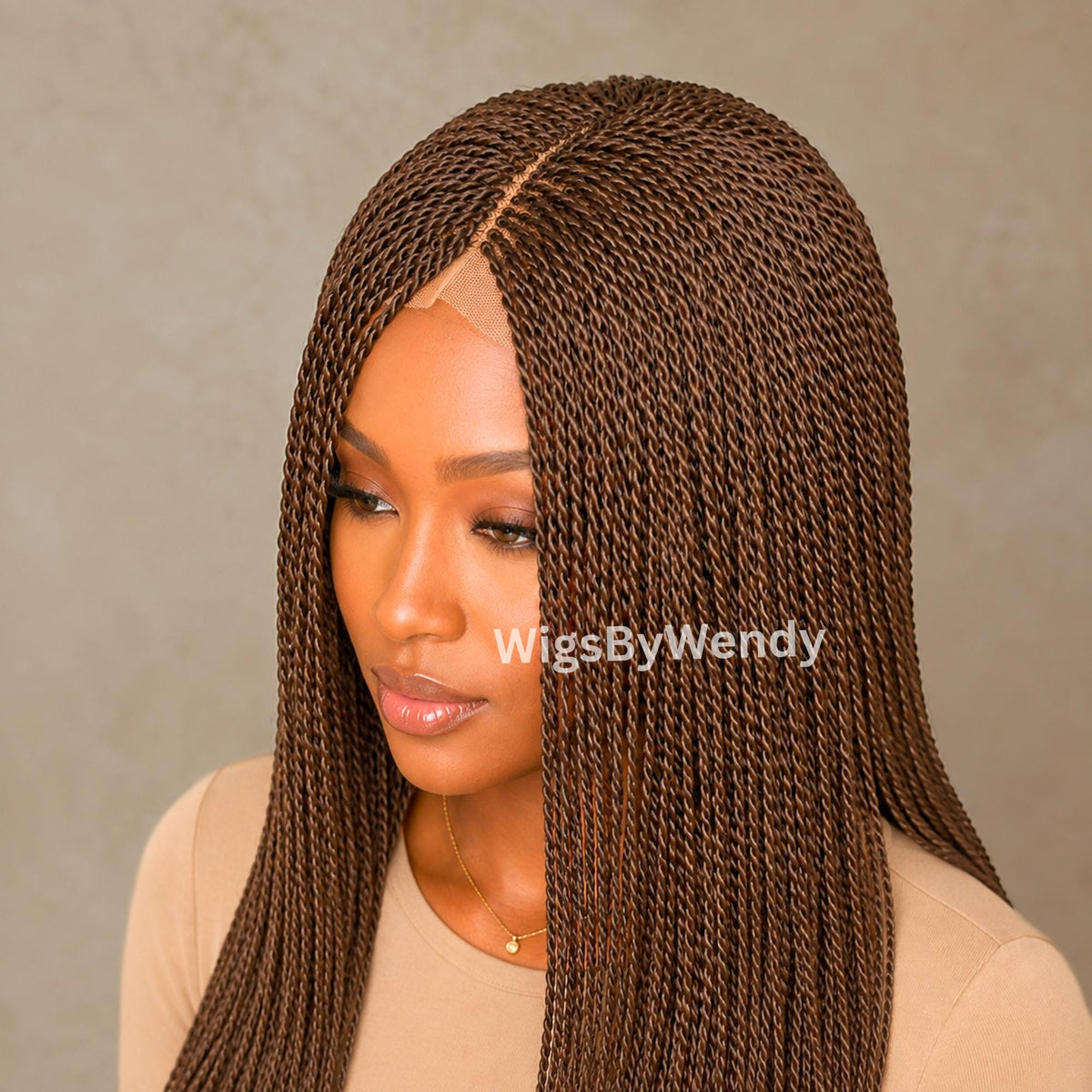 Brown 24inches Micro Twist Braided Wig, Long Centre-part Light-weight Single Braids Wig
